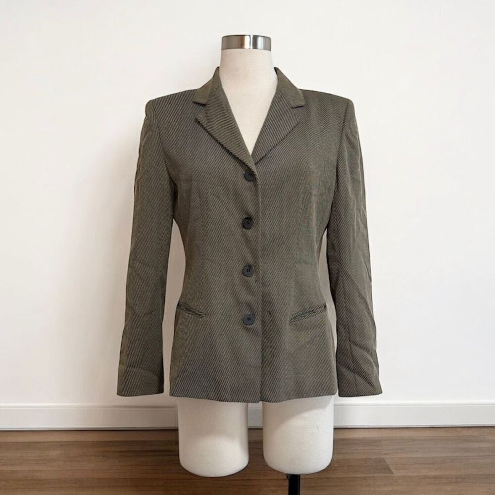 Ann Klein Black Brown Grey Stripe Blazer Jacket Tim Burton 8 Medium Button Up Wo